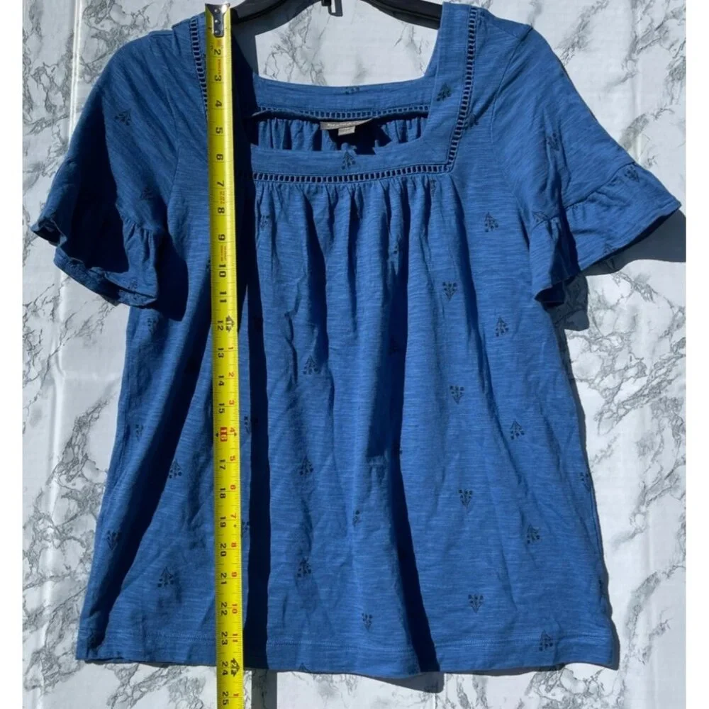 Style & Co Blue Tulip Top With Crochet Trim Short Sleeves Womens XS Cotton Modal - Picture 3 of 9